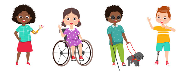 Set of physically challenged, handicapped kids laughing. Little girl has artificial arm, girl in a wheelchair boy has artificial leg, other boy is blind in sunglasses with guide dog. Cartoon
