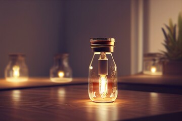 Obraz na płótnie Canvas a lit up jar sitting on top of a table next to a light bulb on top of a wooden table with lights in the background. generative ai
