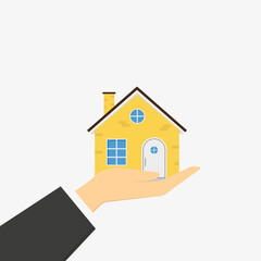 Fototapeta na wymiar The hand gives the house. The seller sells the house to the buyer. Vector illustration in a flat style on a white background.