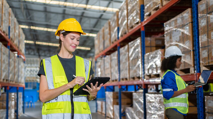 Happy Professional woman Worker Wearing Safety Vest and Hard Hat Smiling on Camera. In the...