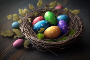 Fototapeta na wymiar Colorful decorated Easter eggs in a nest made of twigs, Generative AI