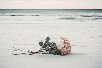 Naklejka premium Romantic gentle minimal concept, sandy beach and flower bouquet. Romantic love journey, white and beige tones of pastel colors. Generative AI.