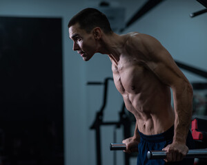 Shirtless man doing triceps dips from parallel bars in gym. 