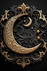 Islamic crescent, night sky, big moon, rich ornament. Paper art, 3d illustration, black and gold. Islamic wallpaper, vertical. Ramadan concept. Generative AI