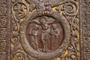 Fototapeta na wymiar Saint Denis basilica. Reliefs on the central door. Christ's Passion. France.