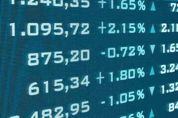 Digital number, business date on the screen. Spread sheet with numbers and percentage signs. Calculation, business, sciences and trading. 3D illustration