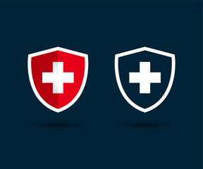 Medical shield with red cross. Protected guard shield icon symbol. Medical guard shield icon symbols