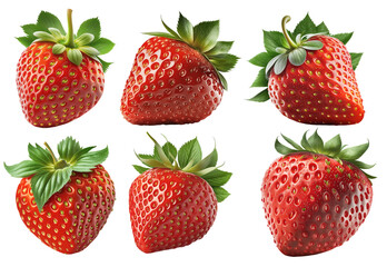 six different beautiful large realistic strawberries on a transparent background, Generative AI