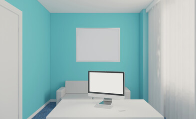 Office with wooden furniture and blue walls. Mockup.   Empty paintings. 3D rendering.