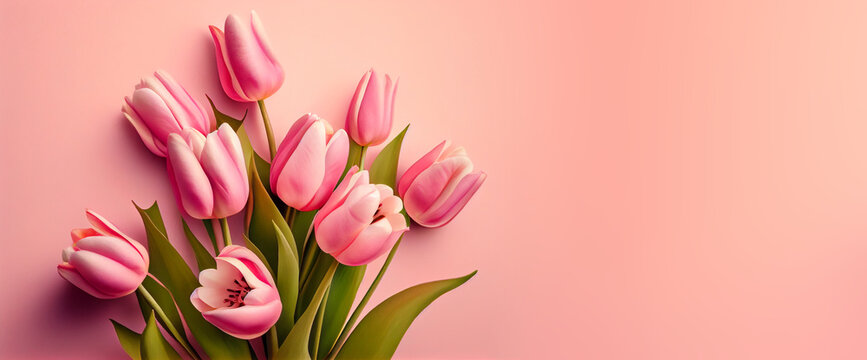 Spring Tulip Flowers On Pink Background Top View In Flat Lay Style. Greeting For Womens Or Mothers Day Or Spring Sale Banner. Generative Ai.