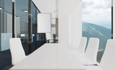 Fototapeta na wymiar Open space office interior with like conference room. Mockup. 3D rendering.. Mockup. Empty paintings