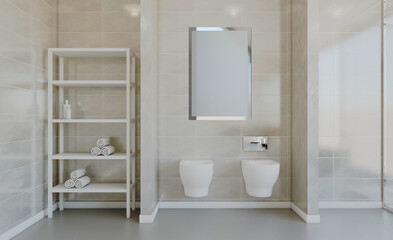 Modern bathroom including bath and sink. 3D rendering.. Blank paintings.  Mockup.