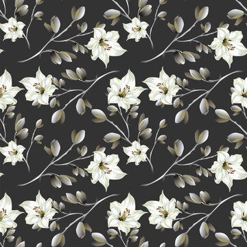 Seamless pattern with lily flowers, leaves, branches on dark background © Ivan Kopylov