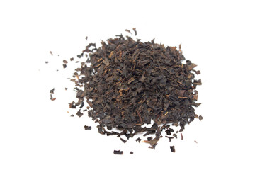 Pile of dried Turkish tea isolated on a white background. Top view, flat lay.