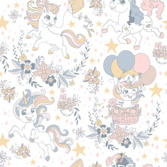 Seamless pattern with unicorns and flowers vector