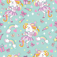 Seamless pattern with cute dancing unicorn ballerina green