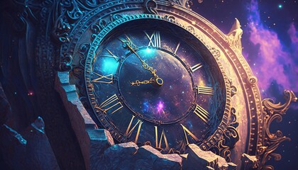 Obraz premium Time Clock in a Galactic Environment with Supernatural and Colorful Effects Generated by AI