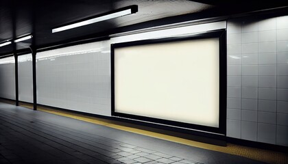 Mock up Poster media template Ads display in NYC Train Subway Station with moving Train on background. Mock up. Banner billboard mockup for advertising in city useful for design  and ma. Generative AI