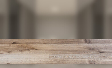 Modern office building interior. 3D rendering., Background with empty wooden table. Flooring.