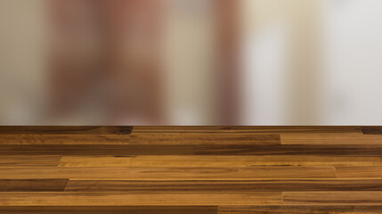 Wash basins in the public restroom. 3D rendering., Background with empty wooden table. Flooring.
