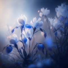 beautiful magical meadow of glowing white flowers in blue light and fog