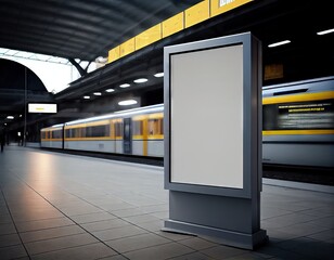 Mock up Poster media template Ads display in NYC Train Subway Station with moving Train on background. Mock up. Banner billboard mockup for advertising in city useful for design  and ma. Generative AI