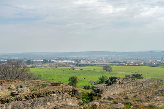 CORDOVA, SPAIN - FEBRUARY 12, 2023: The ruins of Medina Azahara, a fortified Arab Muslim medieval palace-city near Cordova, Spain on February 12, 2023