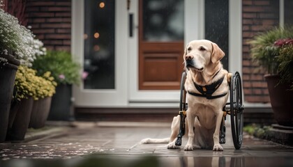 Dog with disability outdoor in front of the house, Generative AI