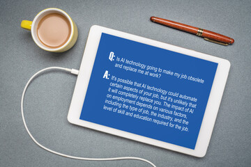 Is AI technology going to make my job obsolete and replace me at work? Conversation with fictitious AI chatbot on tablet.