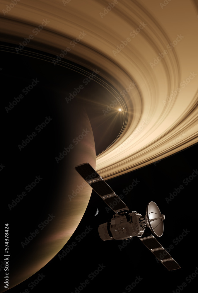Wall mural 3d render, gas giant planet in deep space. saturn planet and rings close-up
