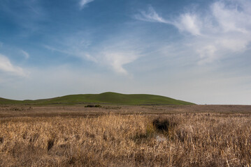 Blackish Marsh at Rush Ranch Open space a on a partly cloudy day with blue sky and plenty of sky copy-space showing a portion of the Suisun marsh, Fairfield, California, USA