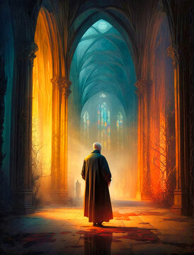 A priest facing a colorful cathedral of light - generative ai