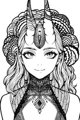 A beautiful girl, featuring decorations and costumes, doodle, coloring book. Vector illustration