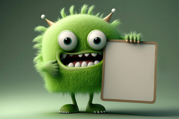 Cute Cartoon Green Monster Character Holding a Blank Sign with Space for Copy (Created with Generative AI) - obrazy, fototapety, plakaty