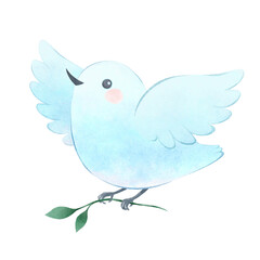 Cute watercolor bird, cartoon white dove flying with branch