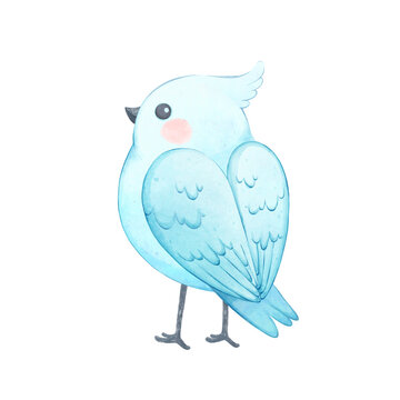 Cute watercolor white bird with crest, cartoon small blue bird standing in back