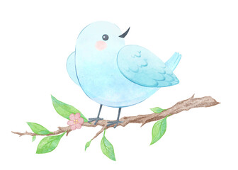 Cute watercolor blur bird, cartoon white dove sitting on a branch