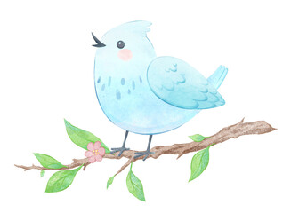 Cute watercolor bird with crest, cartoon white bird sings on a flowering branch
