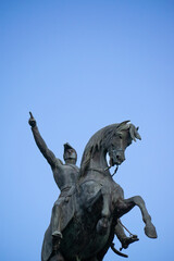 Iron monument to General San Martín in a horse with blue sky in the background, February 2023,...
