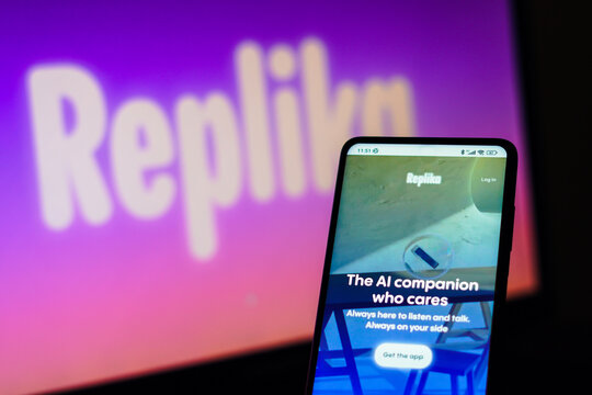 February 22, 2023, Brazil. In this photo illustration, the Replika logo is seen displayed on a smartphone.