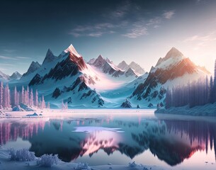 Best Large Mountain Range Surrounding a Frozen Lake with Beautiful Nature Scene Realistic Background AI