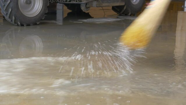 LOW ANGLE, CLOSE UP: Broom with rough straw bristles sweeps away the dirty water covering the basement floor. Person uses a straw broom to sweep the flooded floor after an episode of heavy rain.