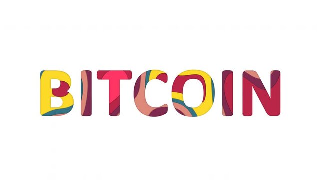 Multi-colored inscription crypto currency name BITCOIN with colored spots floating inside. In-Out loop, Alpha channel at the end