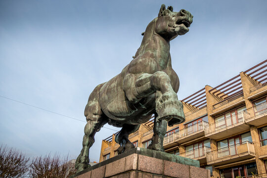 Randers, Denmark - 08 feb 2020: The Jutland Stallion was created by Helen Schou and it was erected in 1969 as a remembrance of the famous horse markets and the skilled breeding work with Jutland horse