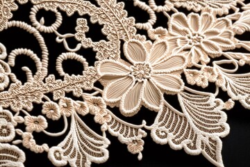 Guipure lace close up macro shot over black background. Generative AI illustration