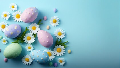 Happy Easter! Colorful Easter eggs and daisies on a pastel background. Decoration concept for greetings and presents on Easter Day celebrate the time. Generative AI