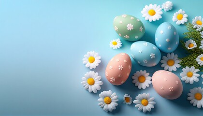 Obraz na płótnie Canvas Happy Easter! Colorful Easter eggs and daisies on a pastel background. Decoration concept for greetings and presents on Easter Day celebrate the time. Generative AI