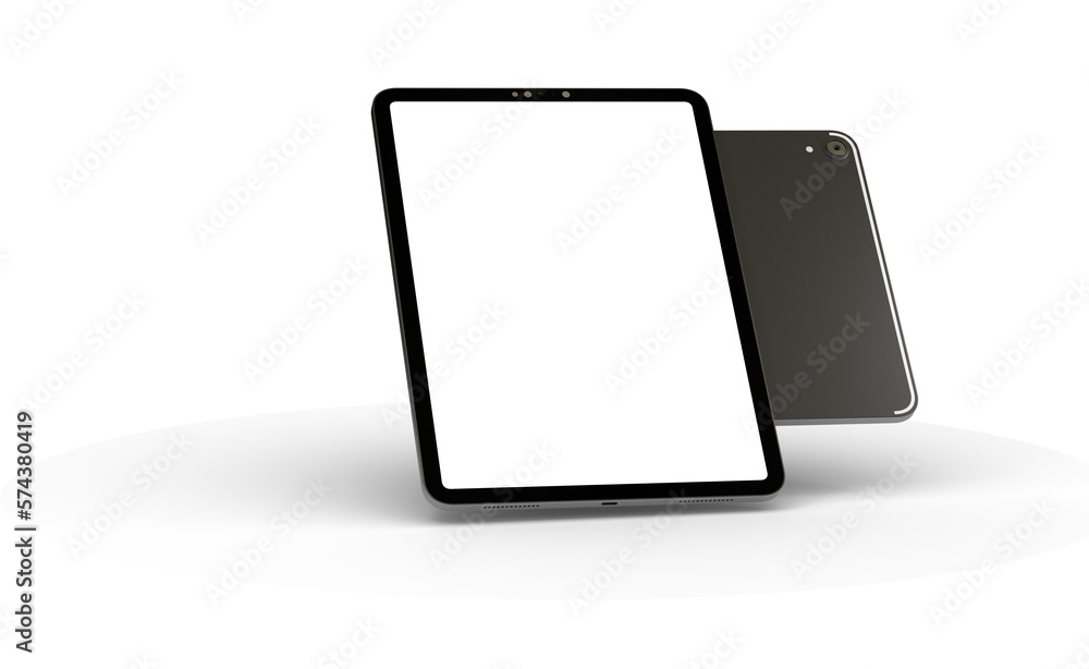 Poster blank screen realistic tablet frame, rotated position, side view, top view. the tablet is at differe