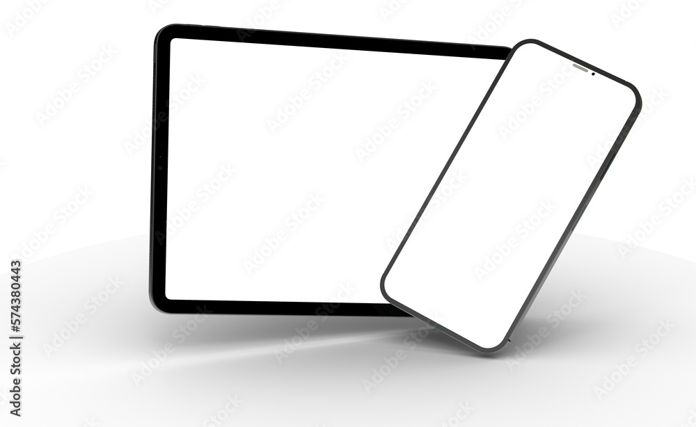 Poster blank screen realistic tablet frame, rotated position, side view, top view. the tablet is at differe