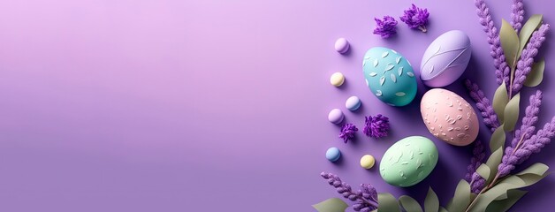 Fototapeta na wymiar Happy Easter! Colorful Easter eggs and lilac sprig on a pastel background. Decoration concept for greetings and presents on Easter Day celebrate the time. Generative AI